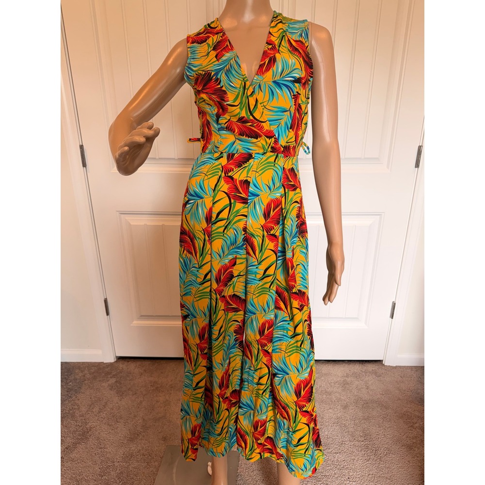 Forever 21 Tropical Palm Leaf Sleeveless Jumpsuit Mustard Yellow Sm Beachy Boho‎ - Picture 2 of 16